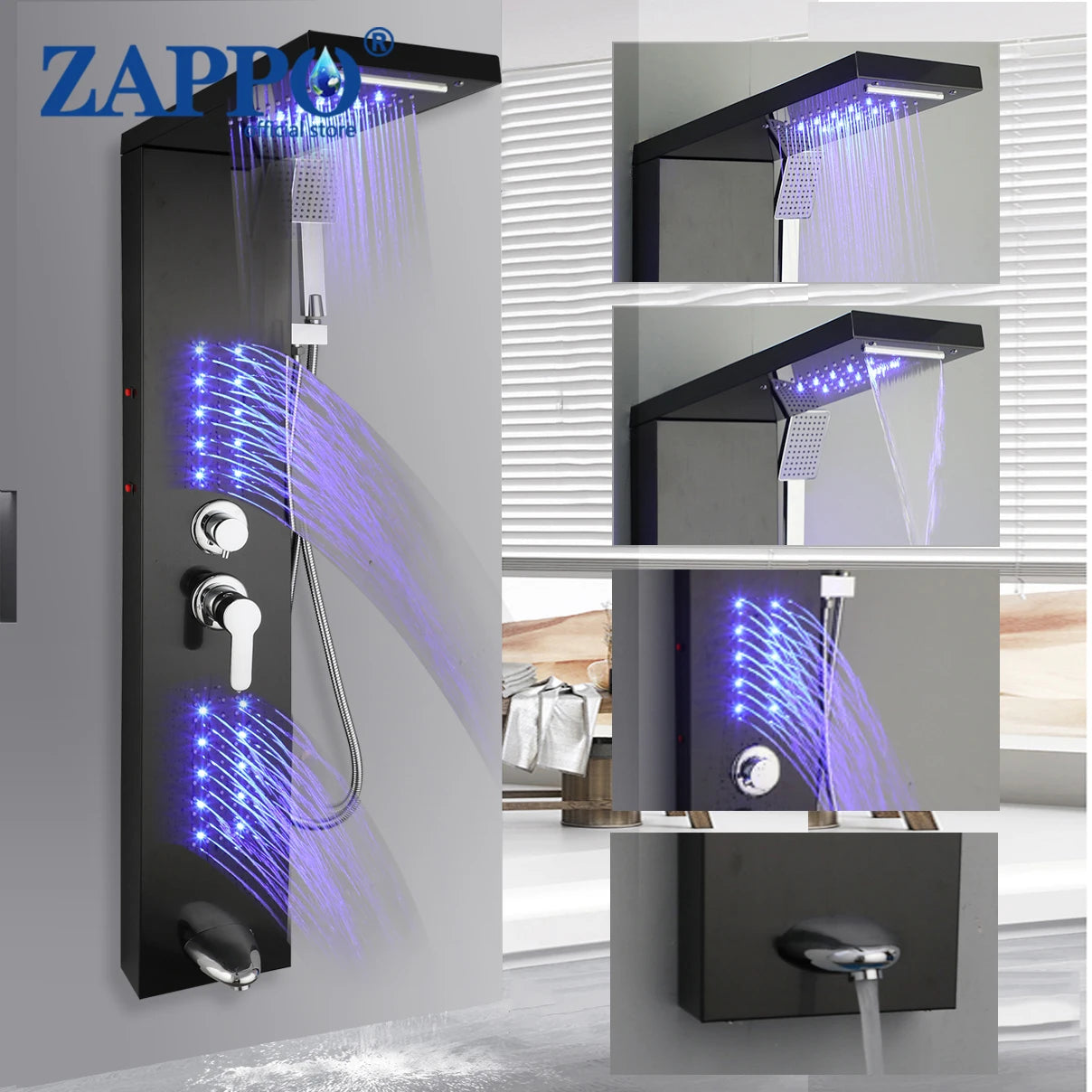 ZAPPO Shower Panel Tower System with LED Rainfall Waterfall Head LED Full Body Jets System Handheld Shower Column w/Tub Spout