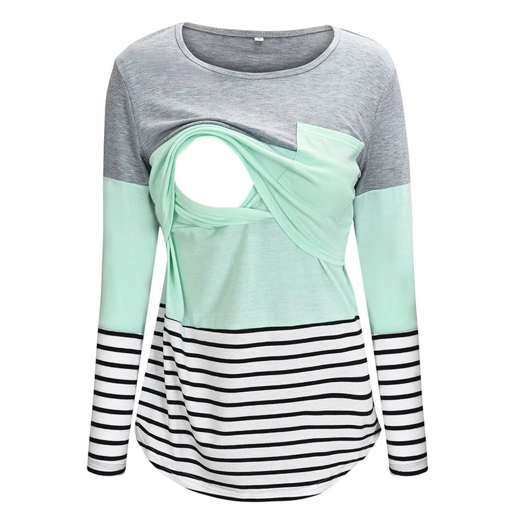 Fashion Pregnant Women Stiching Color Breastfeeding Nursing T Shirts Casual Loose Long Sleeve Tee Tops For Maternity