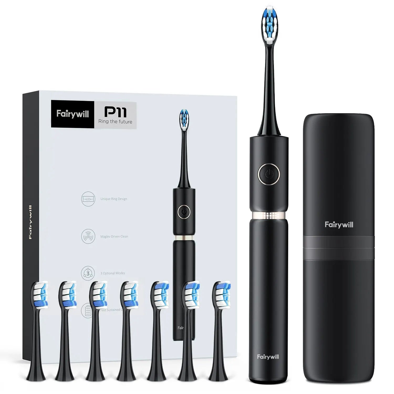 Fairywill P11 Sonic Whitening Electric Toothbrush Rechargeable USB Charger Ultra Powerful Waterproof 8 Heads and 1 Travel Case