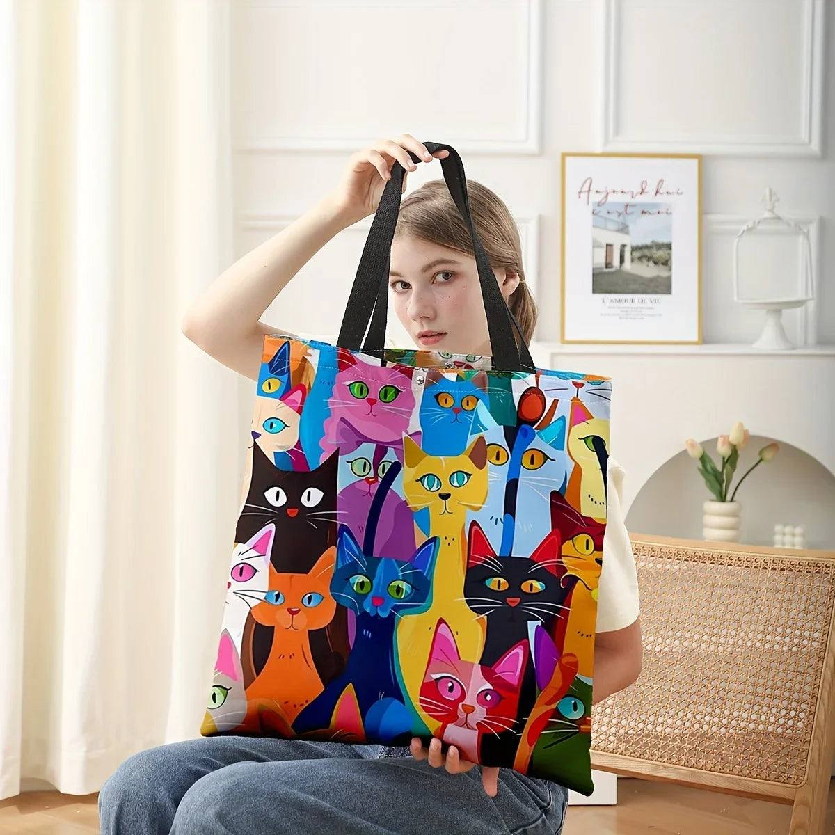 Colorful Kitten Printed Casual Handbag, Reusable Fashionable Backpack, Multifunctional Handbag, Printed Shopping Bag 40x40cm