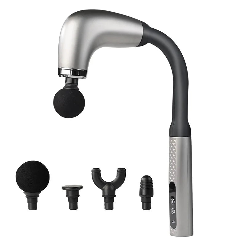 Rechargeable Fascia Gun with Bent Long Handle High-frequency Vibration Massage Gun Muscle Relaxation Back Neck Massager Tool