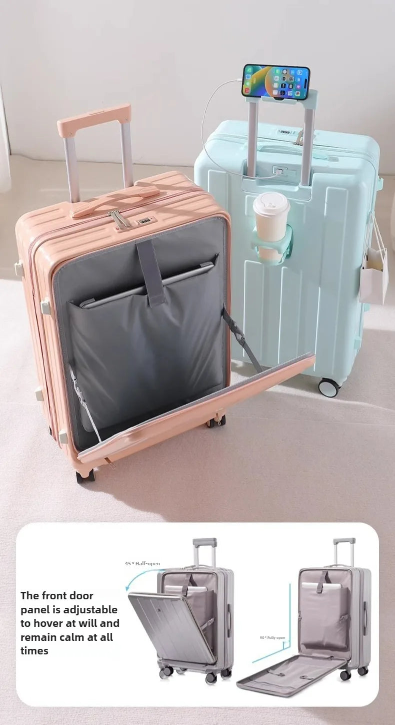 Multifunction Large Capacity Luggage Business Carry on Boarding USB Charging Cup Holder Front Opening Lid Trolley Suitcase