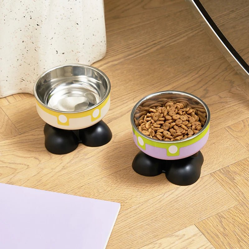 A high - legged pet bowl, colorful stainless steel large - capacity dog bowl for feeding and water, neck - protecting cat bowl, anti - Lily.sg Global Shopping