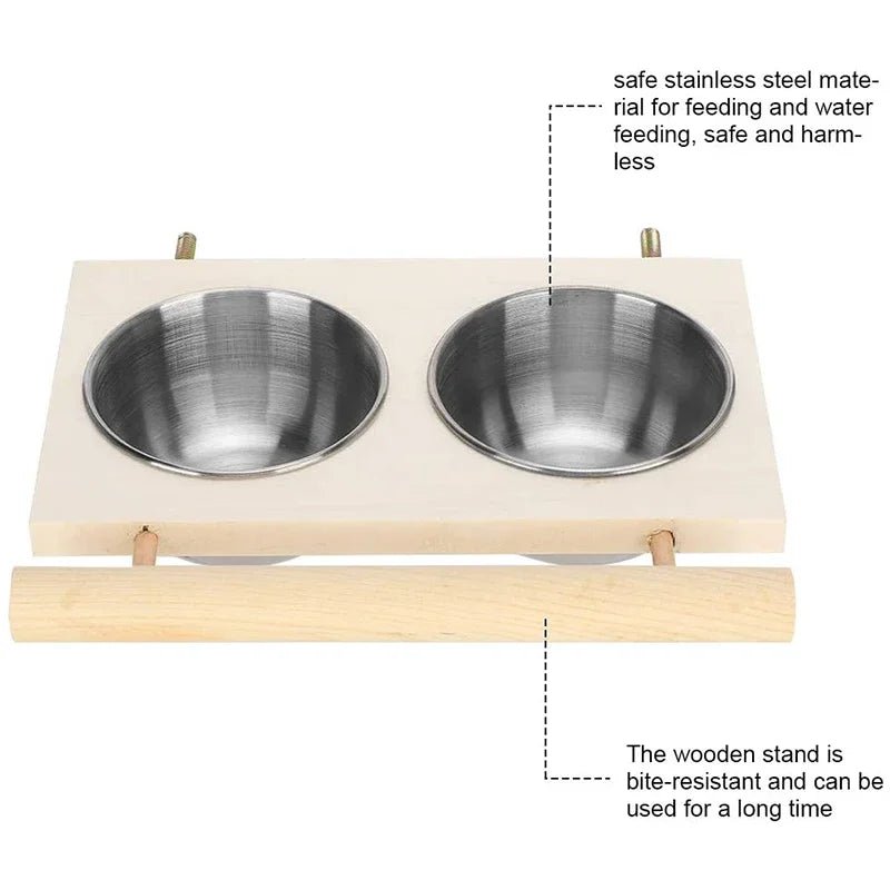Bird Feeder Stainless Steel Pet Parrot Feeding Bowl with Wooden Stand Feeding Watering Supplies for Birds Double Bowl - Lily.sg Global Shopping