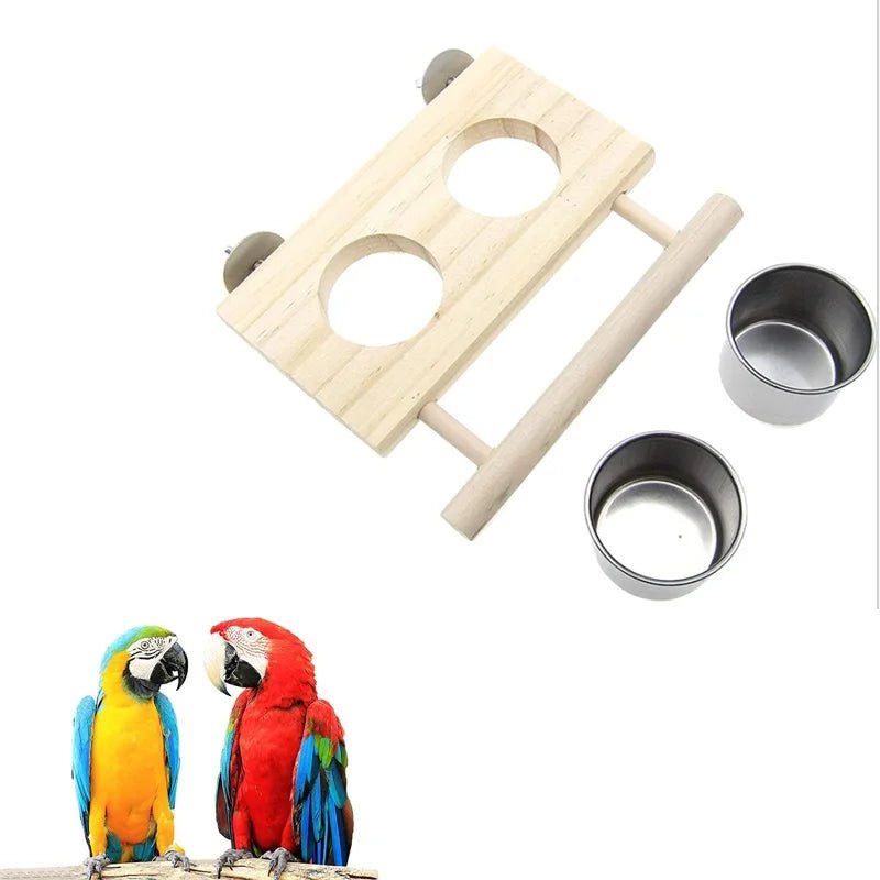 Bird Feeder Stainless Steel Pet Parrot Feeding Bowl with Wooden Stand Feeding Watering Supplies for Birds Double Bowl - Lily.sg Global Shopping