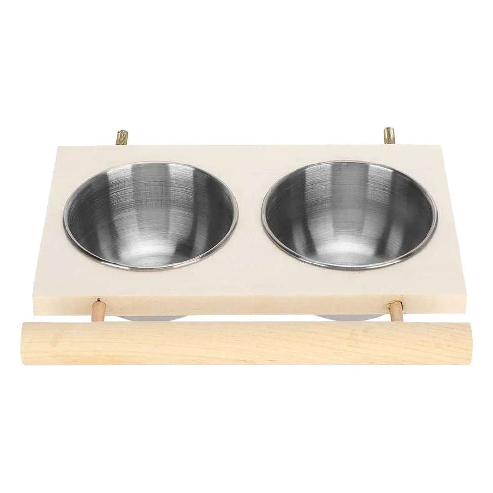 Bird Feeder Stainless Steel Pet Parrot Feeding Bowl with Wooden Stand Feeding Watering Supplies for Birds Double Bowl - Lily.sg Global Shopping