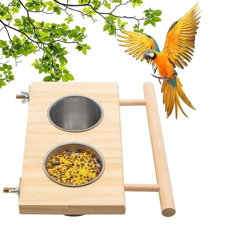 Bird Feeder Stainless Steel Pet Parrot Feeding Bowl with Wooden Stand Feeding Watering Supplies for Birds Double Bowl - Lily.sg Global Shopping