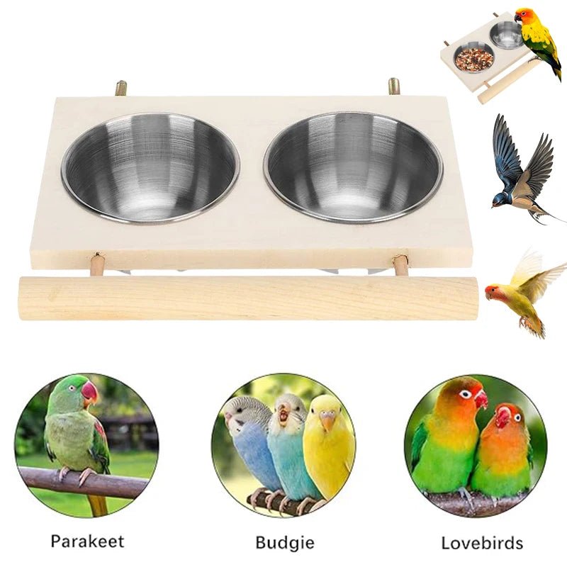 Bird Feeder Stainless Steel Pet Parrot Feeding Bowl with Wooden Stand Feeding Watering Supplies for Birds Double Bowl - Lily.sg Global Shopping