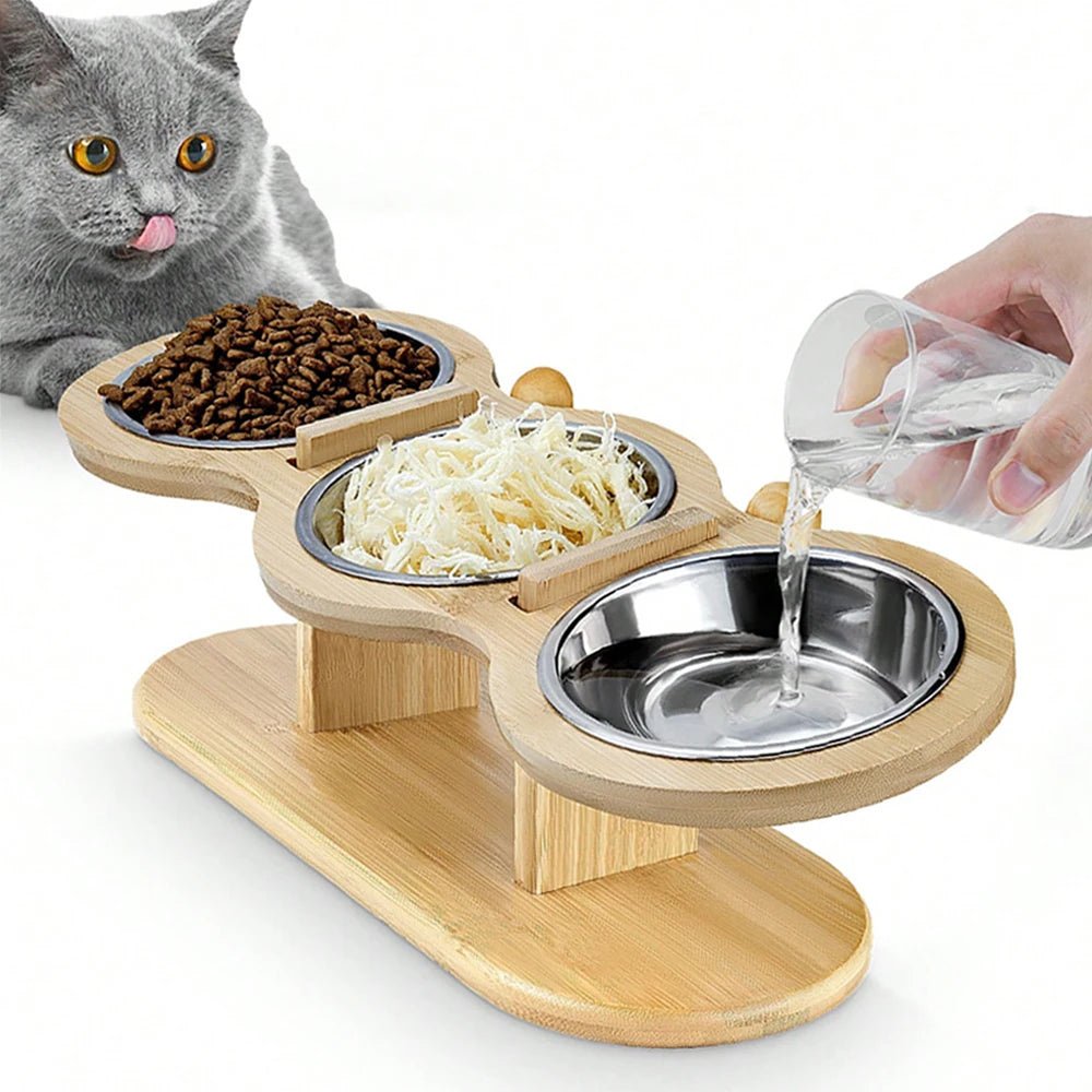 Cat 3 Bowls in 1 Feeder Feeding & Watering Supplies Food Bowl 15 - Degree Tilt Raised Puppy 3 Stainless Steel Bowls Wood Brackets - Lily.sg Global Shopping