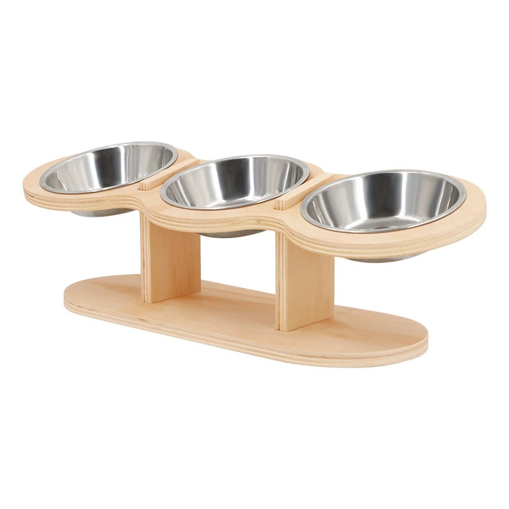 Cat 3 Bowls in 1 Feeder Feeding & Watering Supplies Food Bowl 15 - Degree Tilt Raised Puppy 3 Stainless Steel Bowls Wood Brackets - Lily.sg Global Shopping
