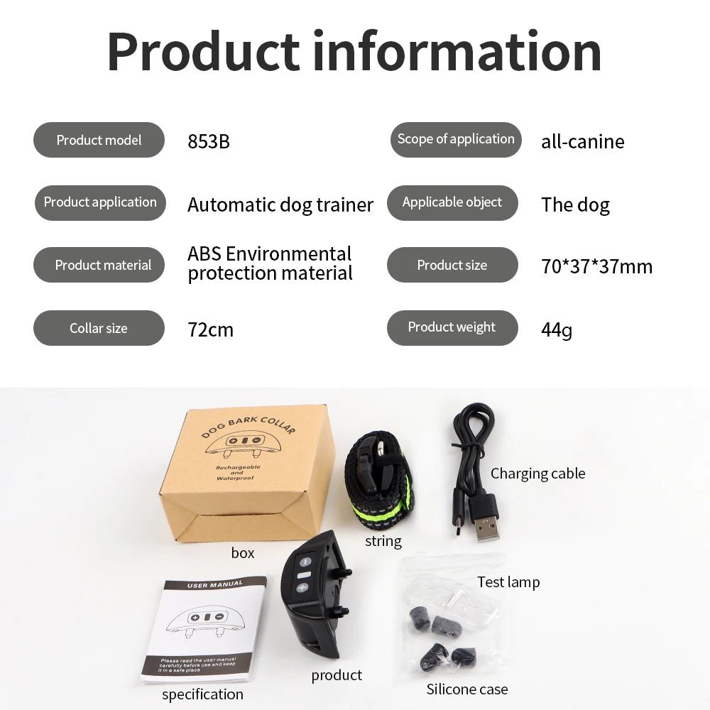 Dog Training Collar Anti - barking Collar Automatic Anti Bark Dog Collar USB Rechargeable Dog Trainer Electric Shock Beep - Lily.sg Global Shopping