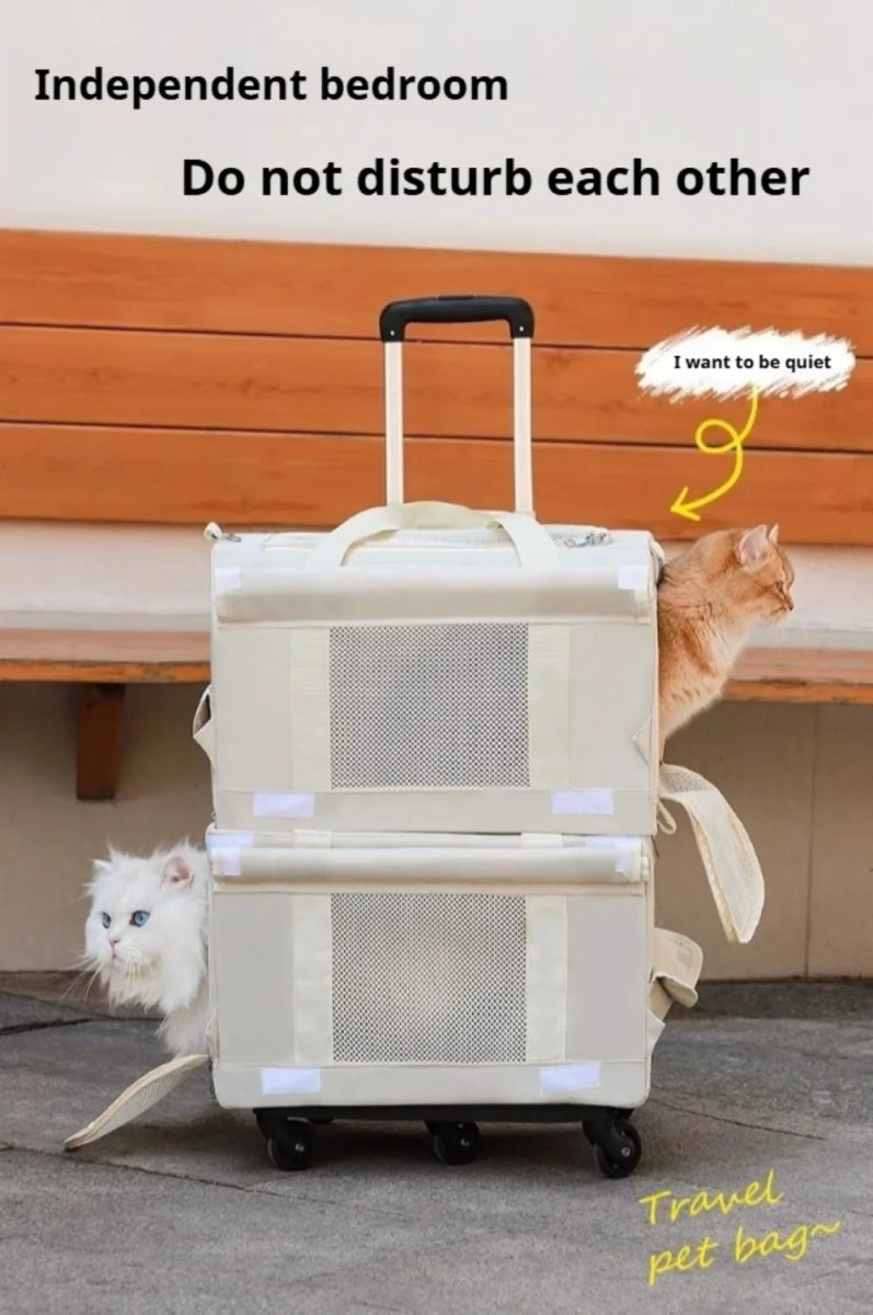 Double Layer Cat Carrier Backpack Foldable Pet Trolley Case Breathable Large Capacity for Two Cats Spring Summer Travel - Lily.sg Global Shopping
