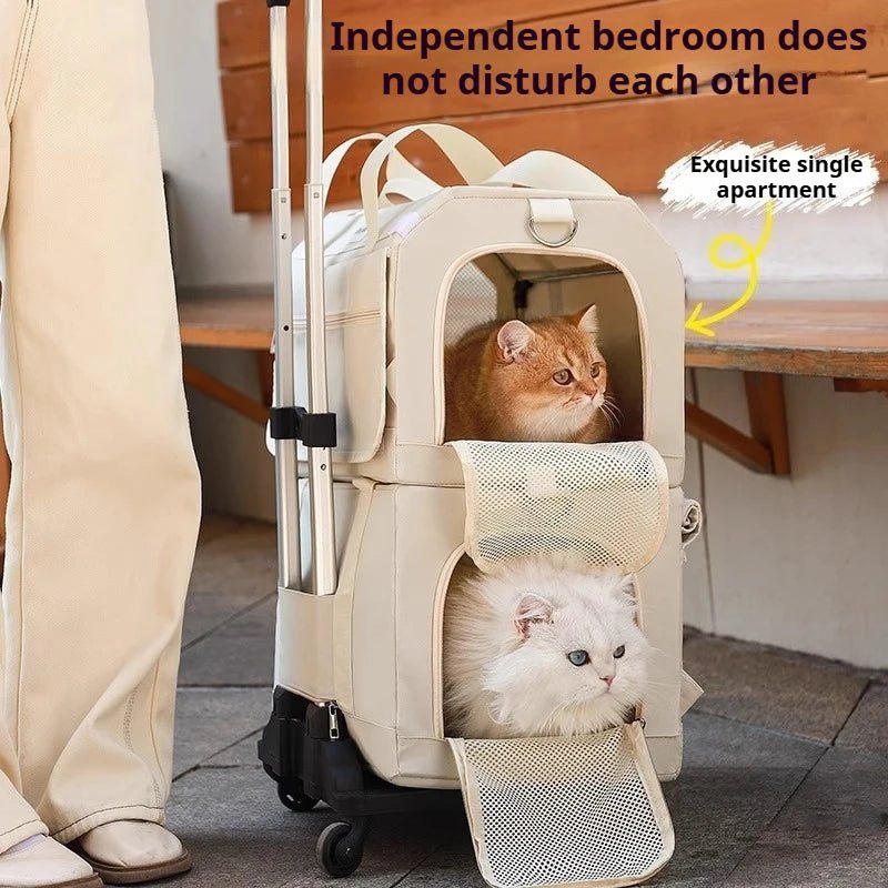 Double Layer Cat Carrier Backpack Foldable Pet Trolley Case Breathable Large Capacity for Two Cats Spring Summer Travel - Lily.sg Global Shopping