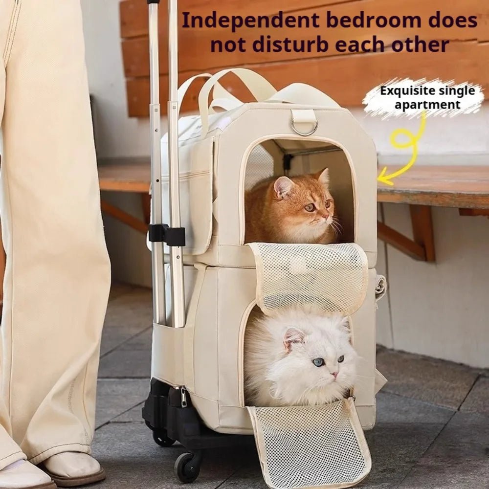 Double Layer Cat Carrier Backpack Foldable Pet Trolley Case Breathable Large Capacity for Two Cats Spring Summer Travel - Lily.sg Global Shopping