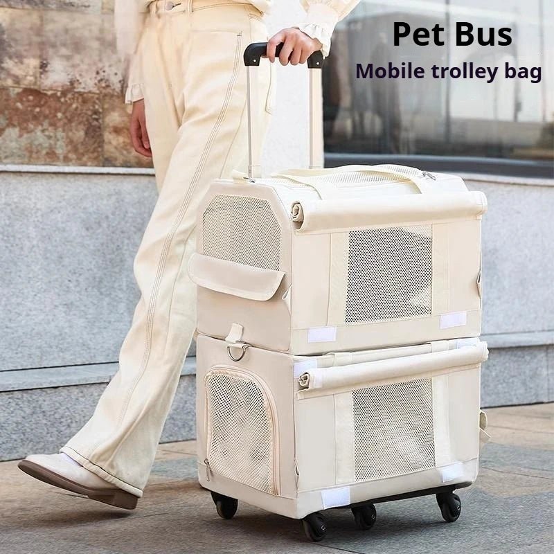 Double Layer Cat Carrier Backpack Foldable Pet Trolley Case Breathable Large Capacity for Two Cats Spring Summer Travel - Lily.sg Global Shopping