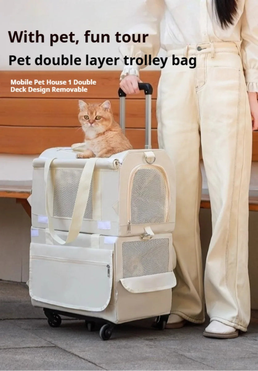 Double Layer Cat Carrier Backpack Foldable Pet Trolley Case Breathable Large Capacity for Two Cats Spring Summer Travel - Lily.sg Global Shopping