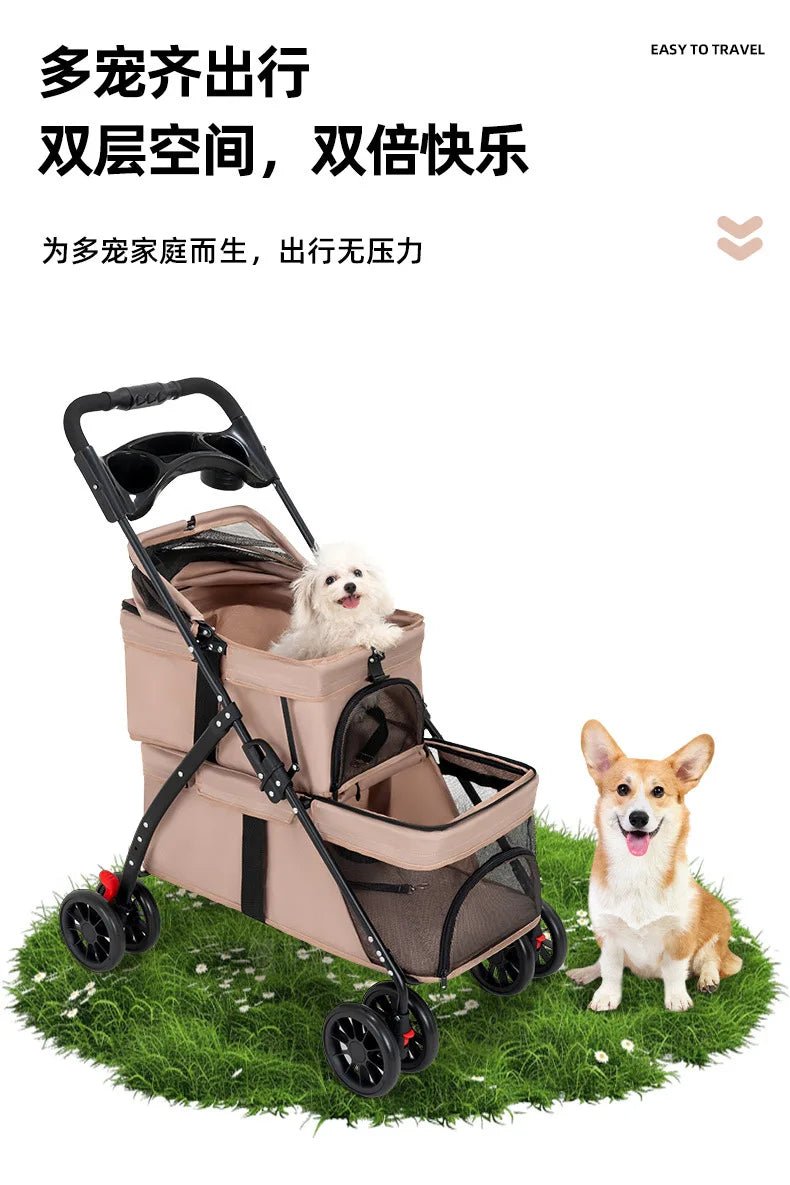 Double Pet Strollers Dog Cat Teddy Baby Strollers Out Pet Cart Lightweight Foldable Outdoor Travel Dog Supplies - Lily.sg Global Shopping