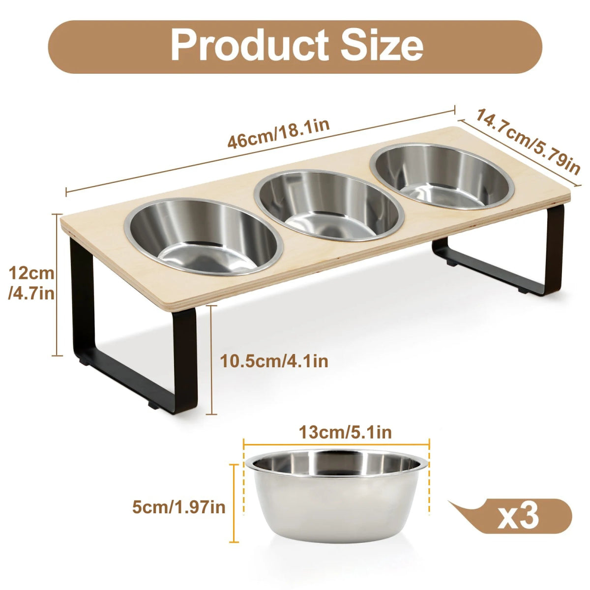 Elevated Cat Bowls Feeder 15° Tilted Raised Feeding & Watering Supplies Pet 3 Stainless Steel Bowls with Stand for Cats Puppies - Lily.sg Global Shopping