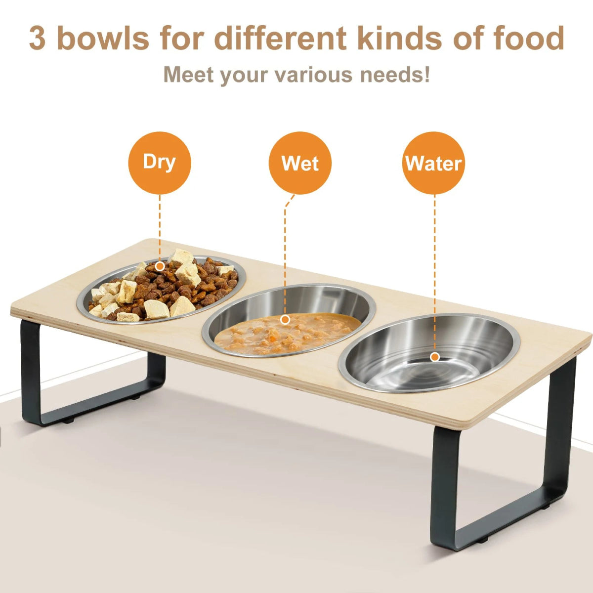 Elevated Cat Bowls Feeder 15° Tilted Raised Feeding & Watering Supplies Pet 3 Stainless Steel Bowls with Stand for Cats Puppies - Lily.sg Global Shopping