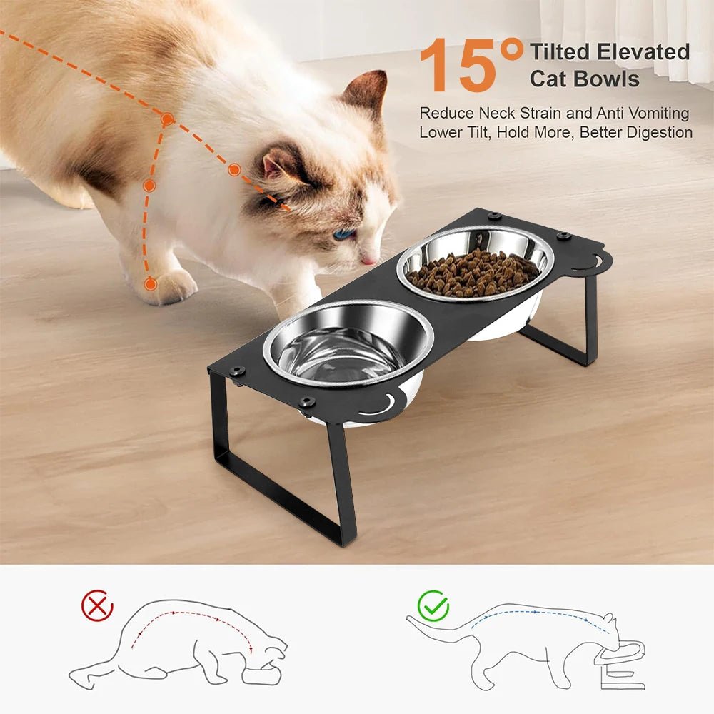 Elevated Cat Food Water Bowls 2 Stainless Steel Bowls with Metal Stand 15° Tilted Raised Cat feeding and water Bowls Pet Puppy - Lily.sg Global Shopping