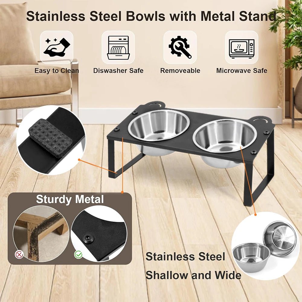 Elevated Cat Food Water Bowls 2 Stainless Steel Bowls with Metal Stand 15° Tilted Raised Cat feeding and water Bowls Pet Puppy - Lily.sg Global Shopping