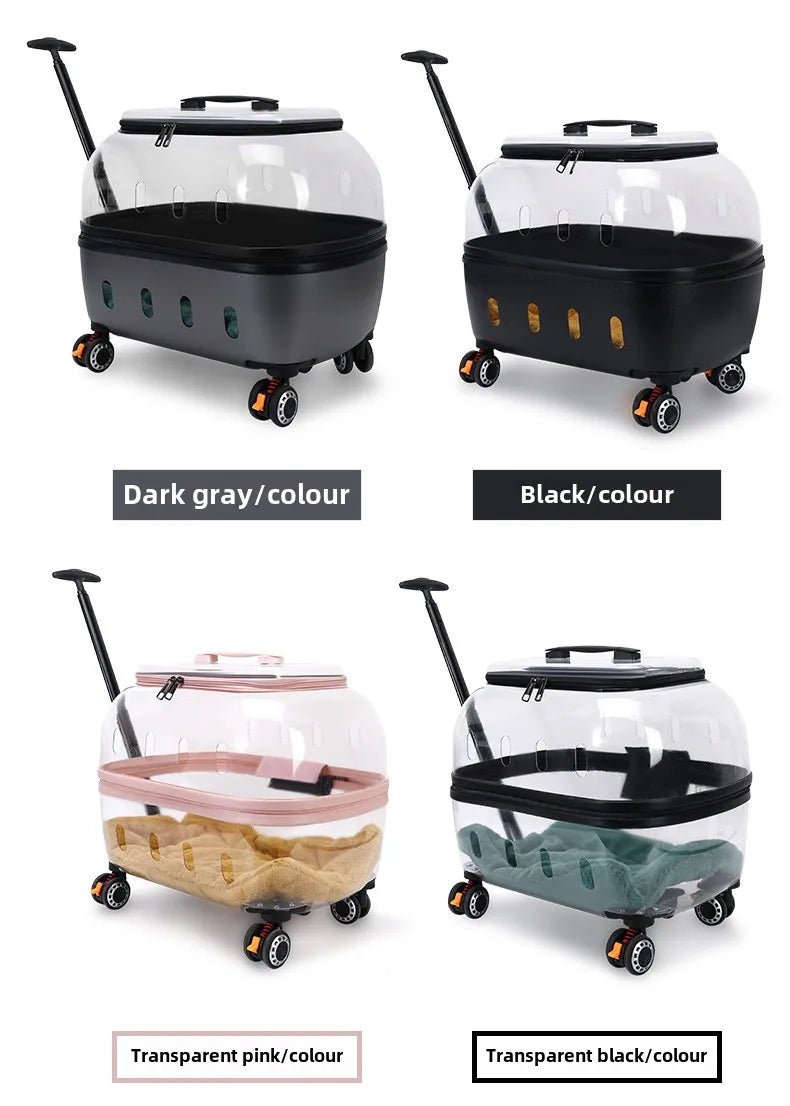 Fashion Transparent Cat Cage Large Capacity Pet Suitcase Breathable Cat Carriers Pull Rod/Handheld Dual Use Cat Transport Cart - Lily.sg Global Shopping