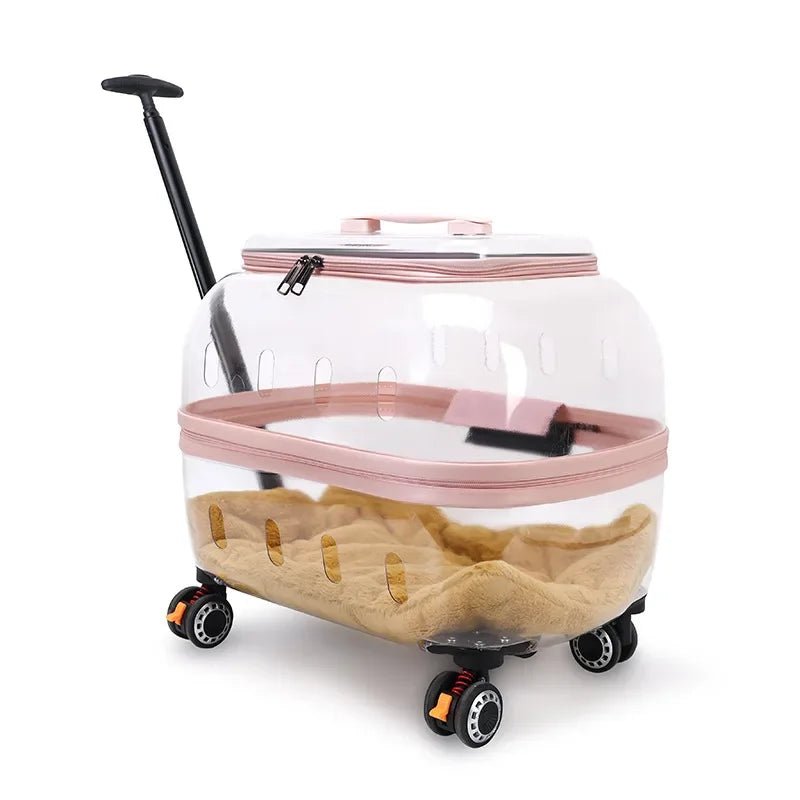Fashion Transparent Cat Cage Large Capacity Pet Suitcase Breathable Cat Carriers Pull Rod/Handheld Dual Use Cat Transport Cart - Lily.sg Global Shopping