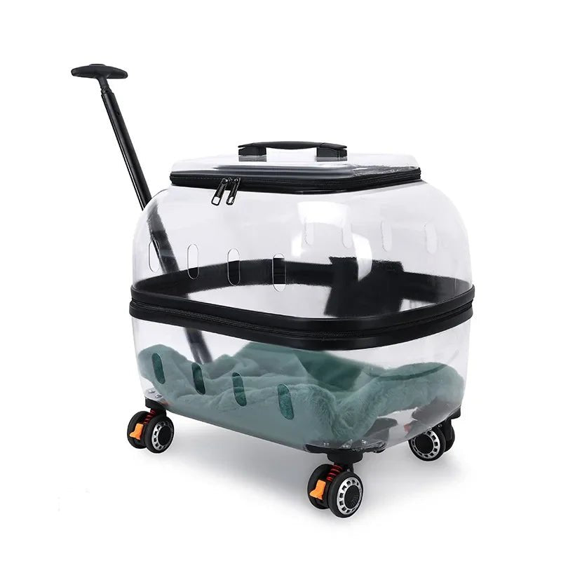 Fashion Transparent Cat Cage Large Capacity Pet Suitcase Breathable Cat Carriers Pull Rod/Handheld Dual Use Cat Transport Cart - Lily.sg Global Shopping