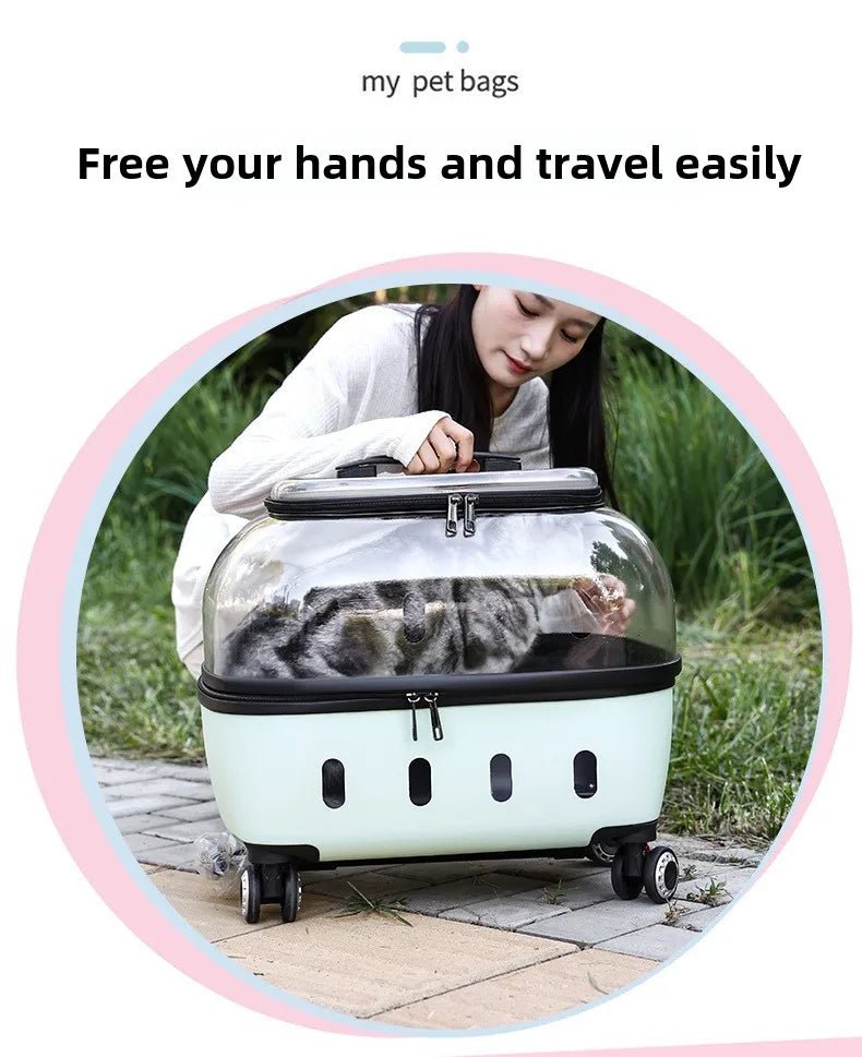 Fashion Transparent Cat Cage Large Capacity Pet Suitcase Breathable Cat Carriers Pull Rod/Handheld Dual Use Cat Transport Cart - Lily.sg Global Shopping
