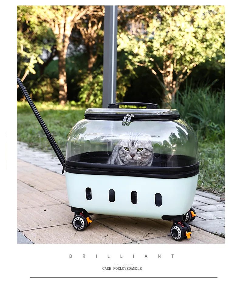 Fashion Transparent Cat Cage Large Capacity Pet Suitcase Breathable Cat Carriers Pull Rod/Handheld Dual Use Cat Transport Cart - Lily.sg Global Shopping