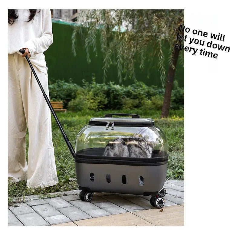 Fashion Transparent Cat Cage Large Capacity Pet Suitcase Breathable Cat Carriers Pull Rod/Handheld Dual Use Cat Transport Cart - Lily.sg Global Shopping