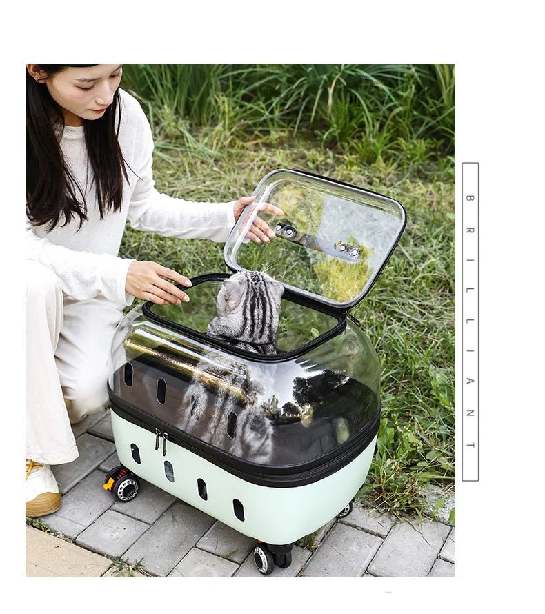 Fashion Transparent Cat Cage Large Capacity Pet Suitcase Breathable Cat Carriers Pull Rod/Handheld Dual Use Cat Transport Cart - Lily.sg Global Shopping