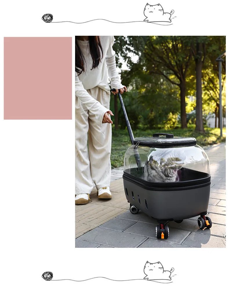 Fashion Transparent Cat Cage Large Capacity Pet Suitcase Breathable Cat Carriers Pull Rod/Handheld Dual Use Cat Transport Cart - Lily.sg Global Shopping