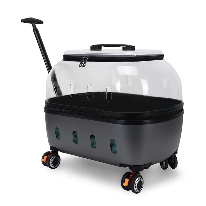 Fashion Transparent Cat Cage Large Capacity Pet Suitcase Breathable Cat Carriers Pull Rod/Handheld Dual Use Cat Transport Cart - Lily.sg Global Shopping