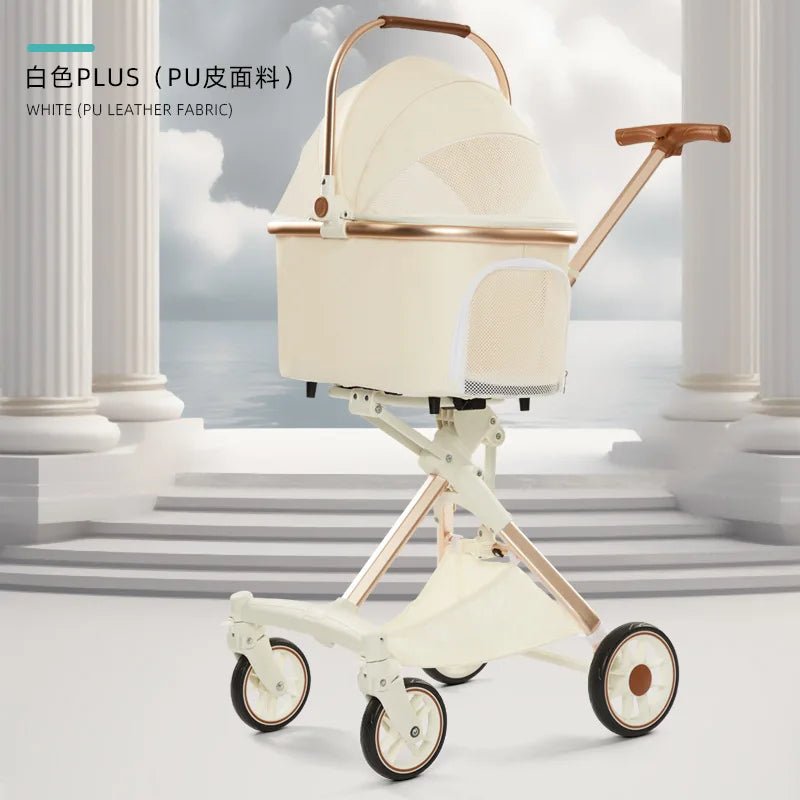 Foldable Strollers For Dogs Cats Milk White PU High Landscape Pet Stroller Outdoor Travel Pet Trolley Bearing Weight 15 KG - Lily.sg Global Shopping