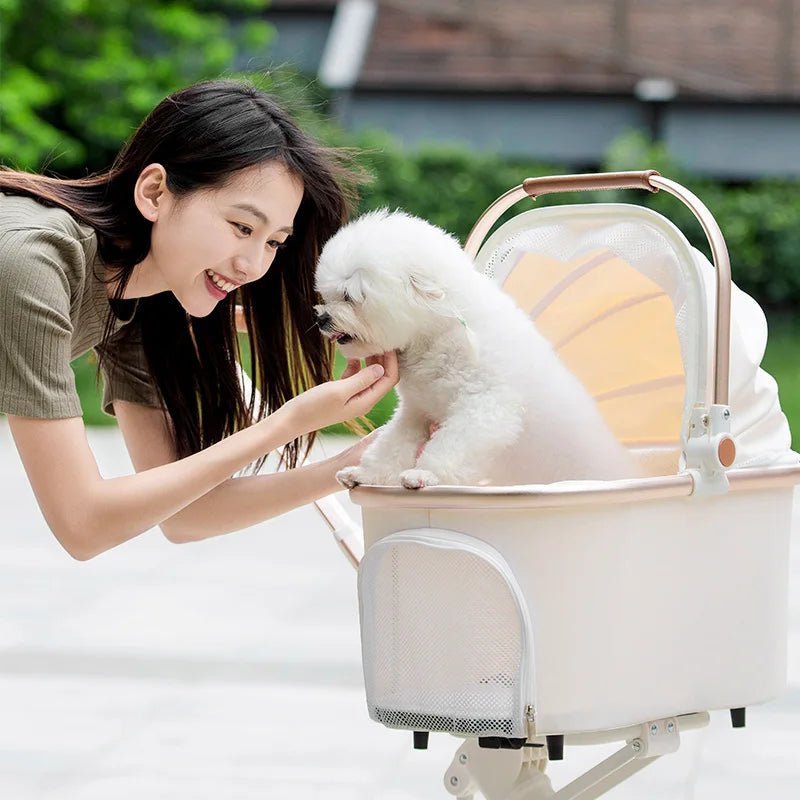 Foldable Strollers For Dogs Cats Milk White PU High Landscape Pet Stroller Outdoor Travel Pet Trolley Bearing Weight 15 KG - Lily.sg Global Shopping