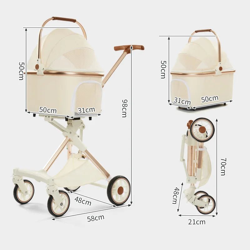 Foldable Strollers For Dogs Cats Milk White PU High Landscape Pet Stroller Outdoor Travel Pet Trolley Bearing Weight 15 KG - Lily.sg Global Shopping