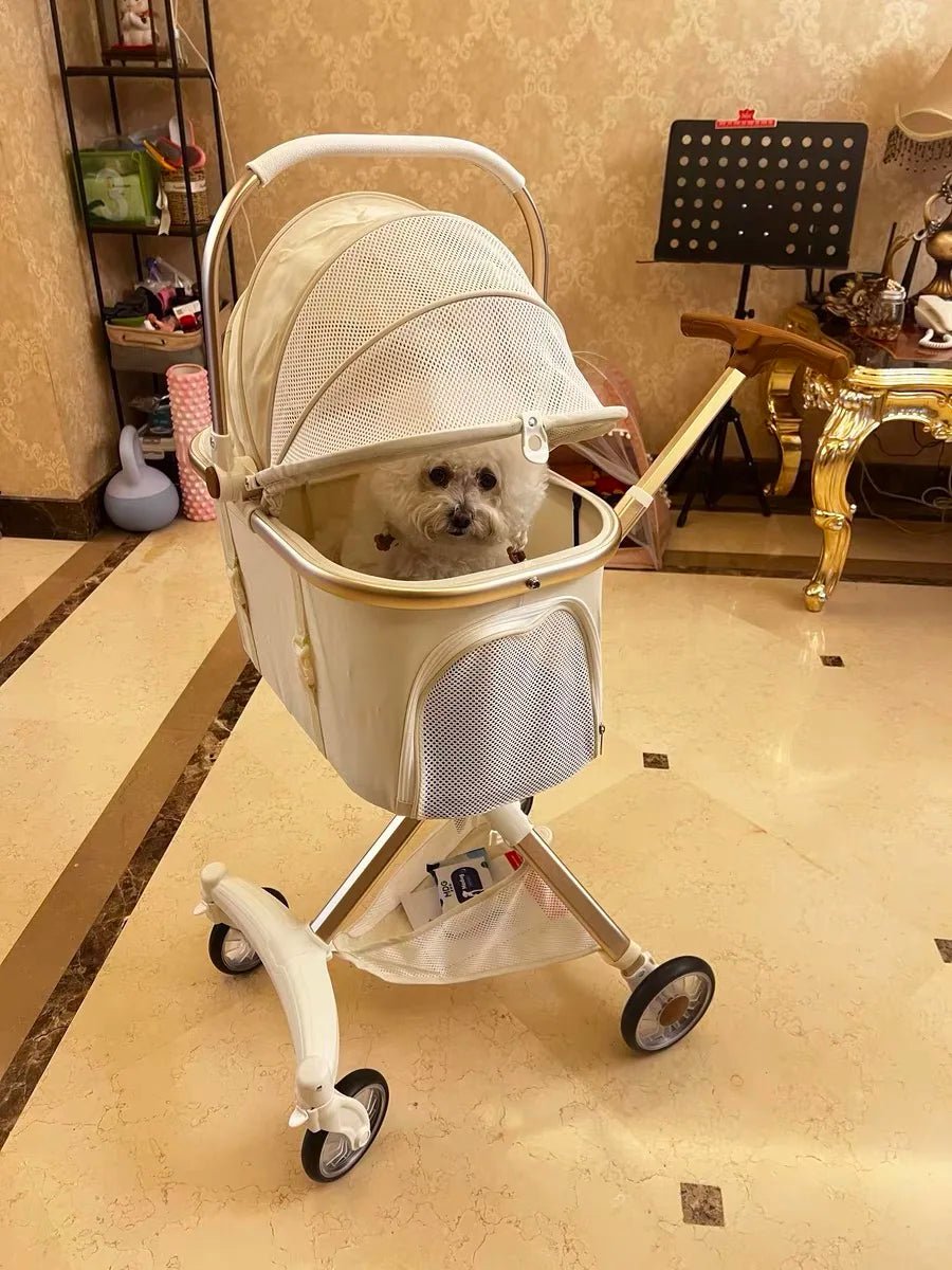 Foldable Strollers For Dogs Cats Milk White PU High Landscape Pet Stroller Outdoor Travel Pet Trolley Bearing Weight 15 KG - Lily.sg Global Shopping