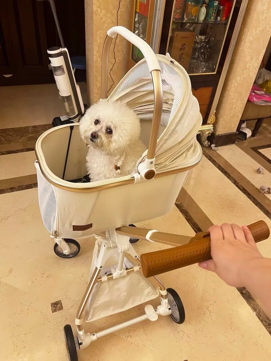 Foldable Strollers For Dogs Cats Milk White PU High Landscape Pet Stroller Outdoor Travel Pet Trolley Bearing Weight 15 KG - Lily.sg Global Shopping