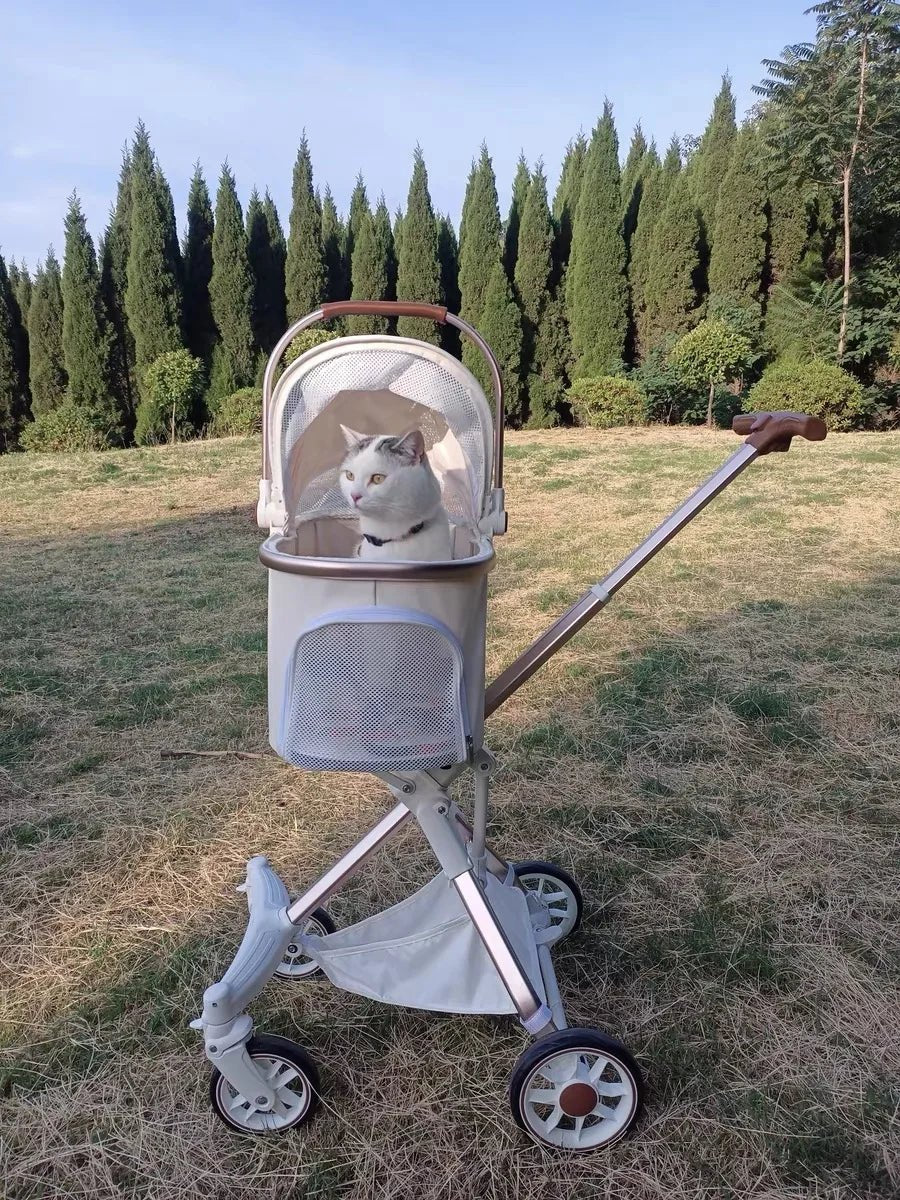 Foldable Strollers For Dogs Cats Milk White PU High Landscape Pet Stroller Outdoor Travel Pet Trolley Bearing Weight 15 KG - Lily.sg Global Shopping