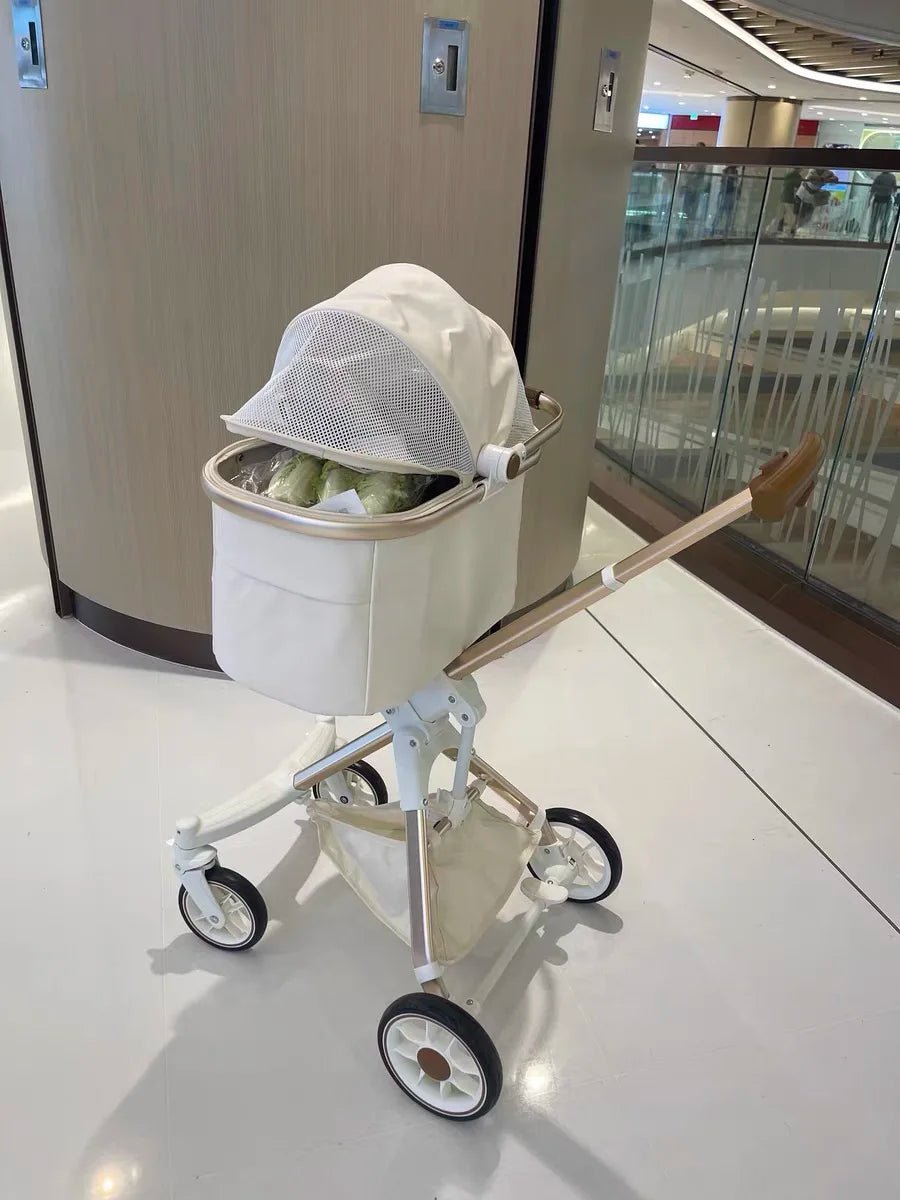 Foldable Strollers For Dogs Cats Milk White PU High Landscape Pet Stroller Outdoor Travel Pet Trolley Bearing Weight 15 KG - Lily.sg Global Shopping