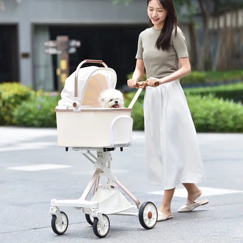 Foldable Strollers For Dogs Cats Milk White PU High Landscape Pet Stroller Outdoor Travel Pet Trolley Bearing Weight 15 KG - Lily.sg Global Shopping