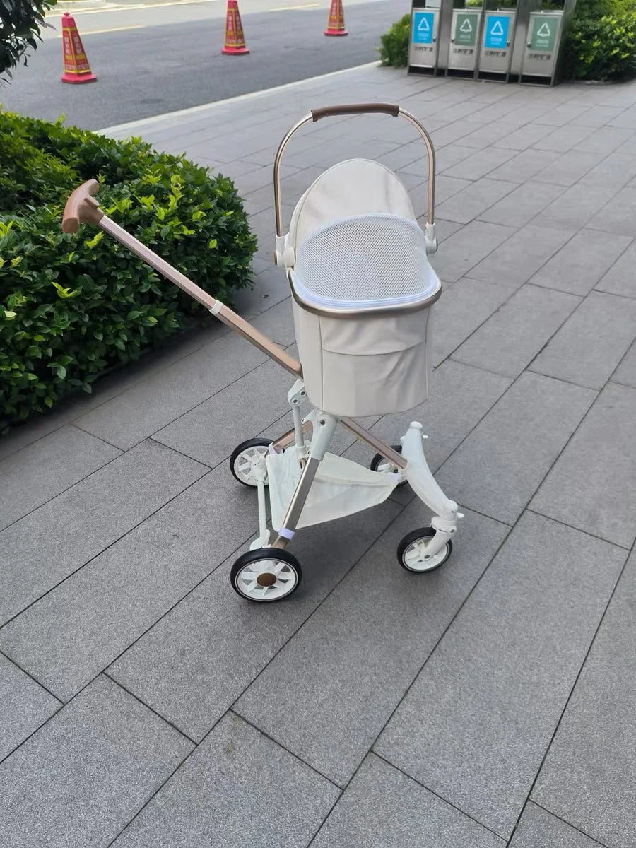 Foldable Strollers For Dogs Cats Milk White PU High Landscape Pet Stroller Outdoor Travel Pet Trolley Bearing Weight 15 KG - Lily.sg Global Shopping