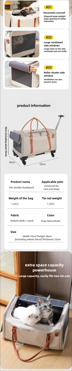 Multifunctional Cat Carrier with Trolley Large Capacity Breathable Foldable Pet Bag for Cats and Dogs - Lily.sg Global Shopping