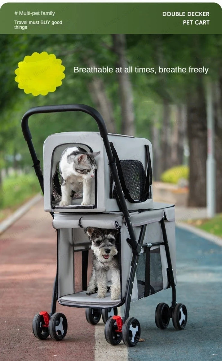 Multifunctional double - layer pet cart Lightweight and foldable pet outdoor travel stroller Ventilated and breathable dog cart - Lily.sg Global Shopping
