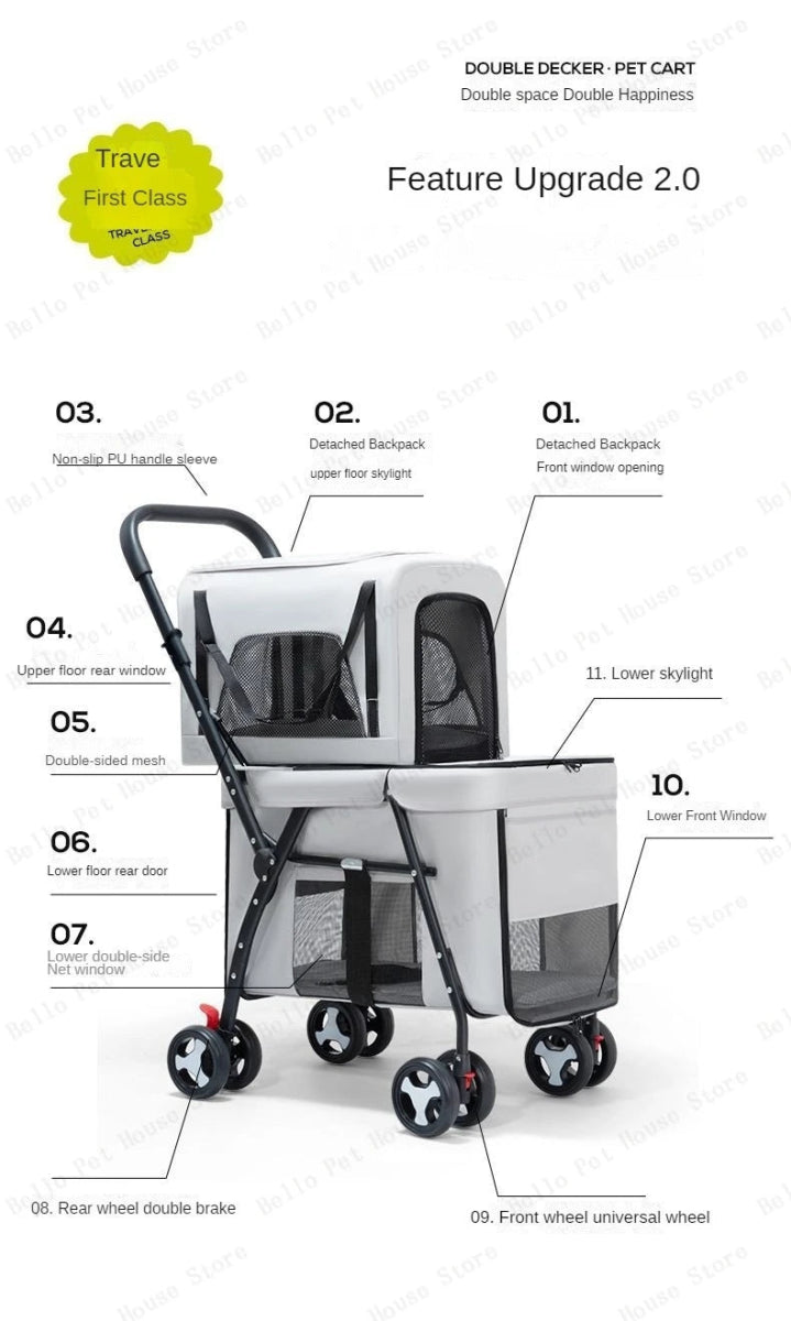 Multifunctional double - layer pet cart Lightweight and foldable pet outdoor travel stroller Ventilated and breathable dog cart - Lily.sg Global Shopping