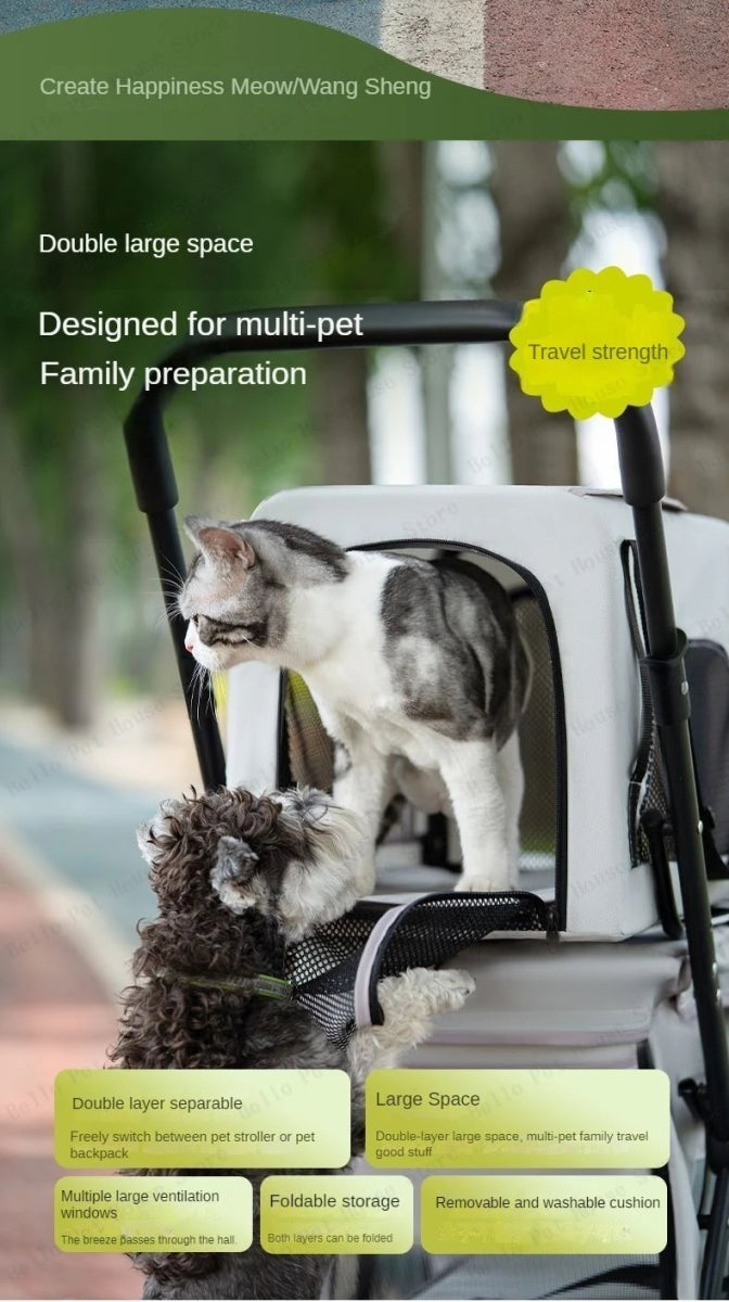 Multifunctional double - layer pet cart Lightweight and foldable pet outdoor travel stroller Ventilated and breathable dog cart - Lily.sg Global Shopping