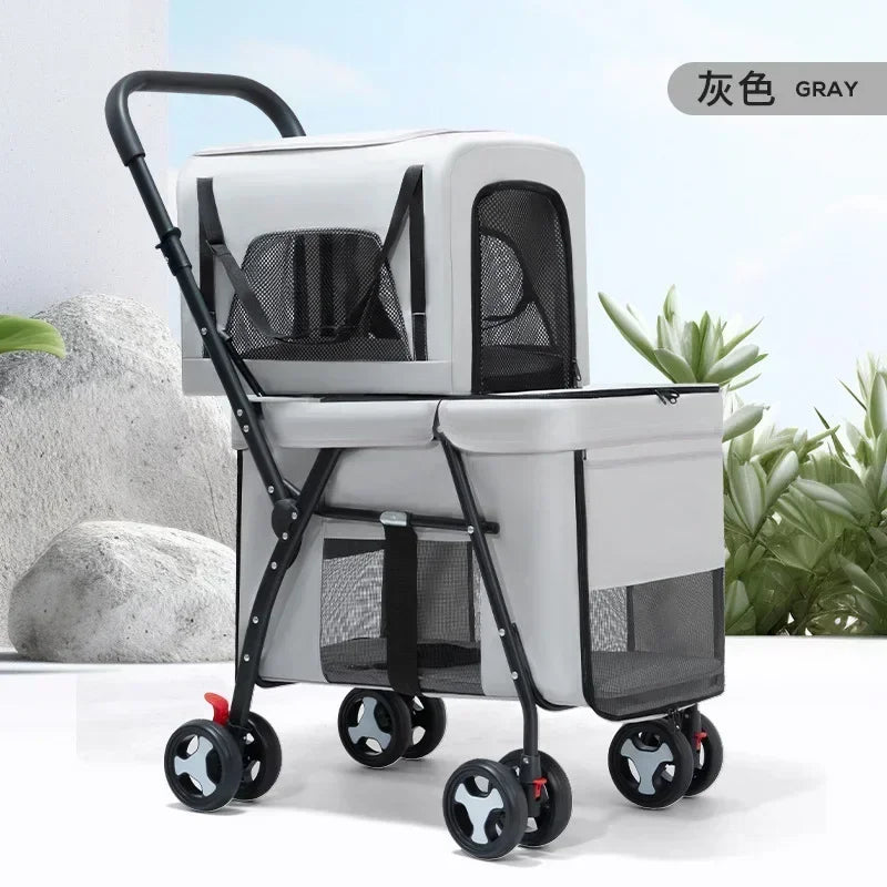 Multifunctional double - layer pet cart Lightweight and foldable pet outdoor travel stroller Ventilated and breathable dog cart - Lily.sg Global Shopping