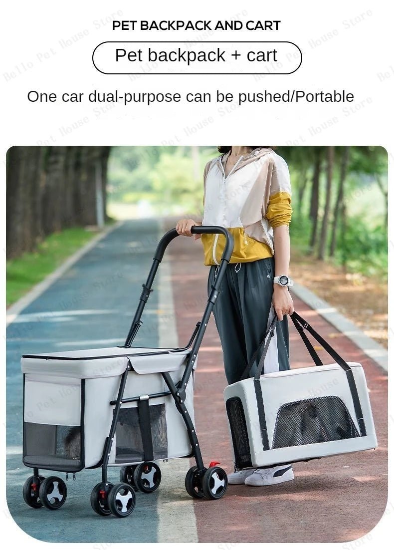 Multifunctional double - layer pet cart Lightweight and foldable pet outdoor travel stroller Ventilated and breathable dog cart - Lily.sg Global Shopping