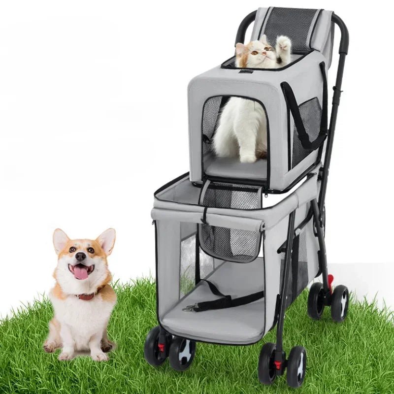 Multifunctional double - layer pet cart Lightweight and foldable pet outdoor travel stroller Ventilated and breathable dog cart - Lily.sg Global Shopping
